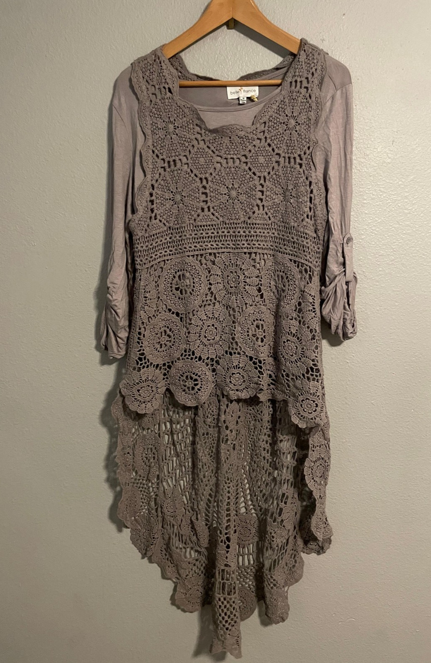 Belle France Tunic Womens Medium Gray Crochet Hi Low Trapeze Boho Lagenlook NWT